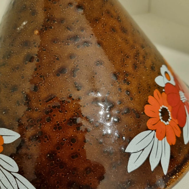 Mid-Century Modern Vintage 70s Danish Enameled Hanging Lamp Scandinavian Design Retro Brown Pendant With Orange and Red Flowers For Sale - Image 3 of 6