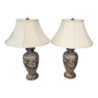 Pair of Bradburn Gallery Hand-Painted Floral Ceramic Table Lamps With Shades For Sale