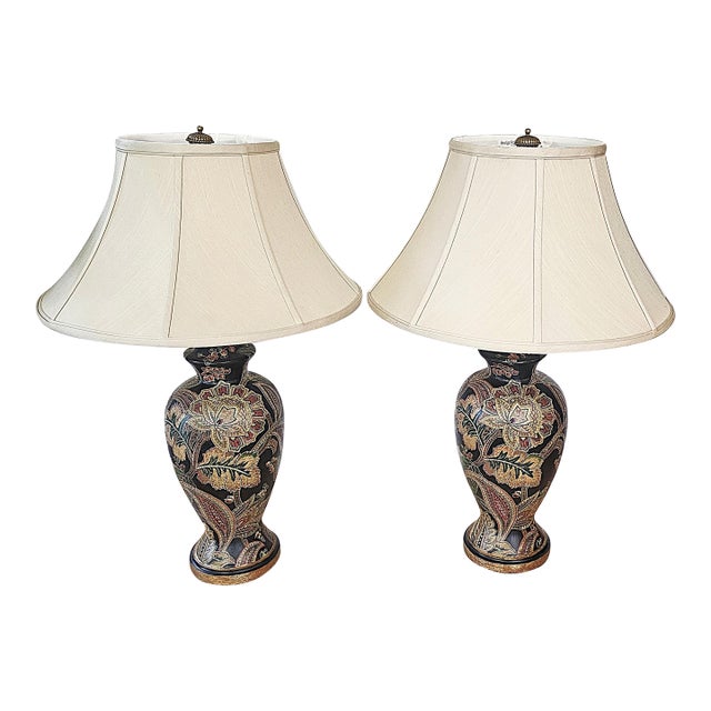 Pair of Bradburn Gallery Hand-Painted Floral Ceramic Table Lamps With Shades For Sale