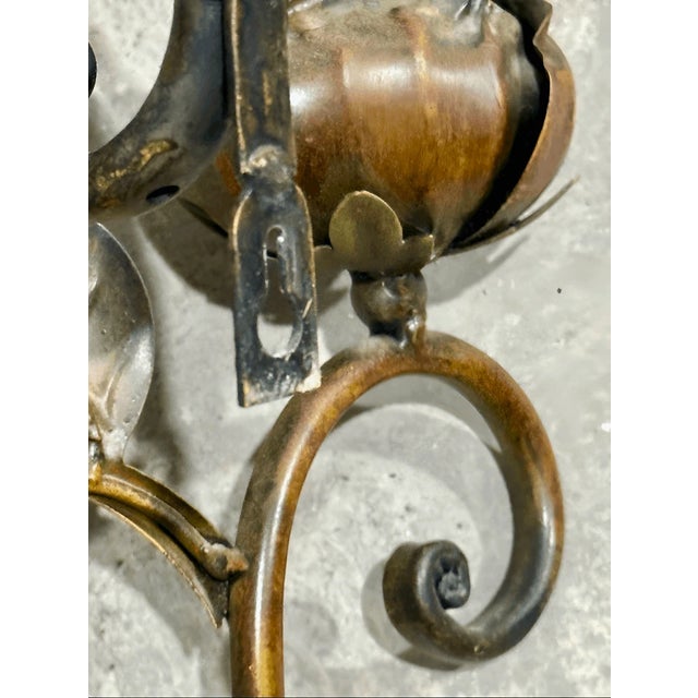 Mid 20th Century Vintage Italian Style Pair Rose Design Metal Wall Candleholders For Sale - Image 5 of 8