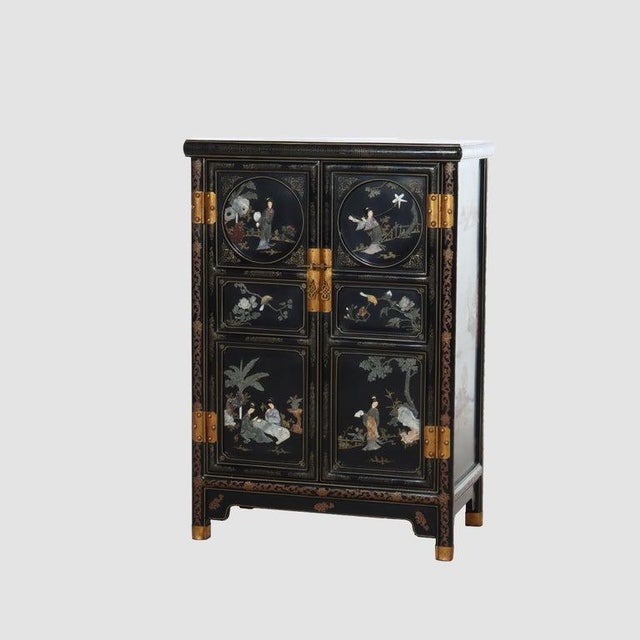 Chinese Early 20th Century Chinese Ebonized & Gilt Credenza With Figural & Floral Soap Stone Inlay 20thC For Sale - Image 3 of 17