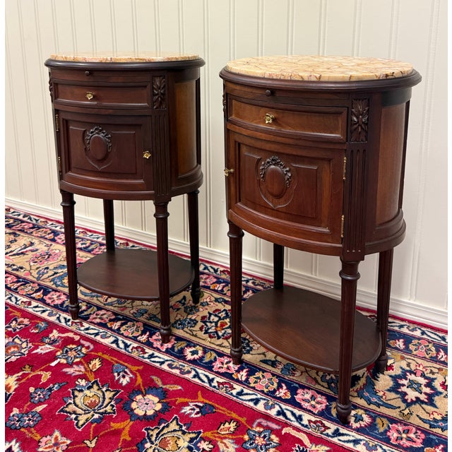 Antique Pair French Louis XVI Style Marble Top NIghtstands End Tables c.1920s-30 For Sale - Image 14 of 18