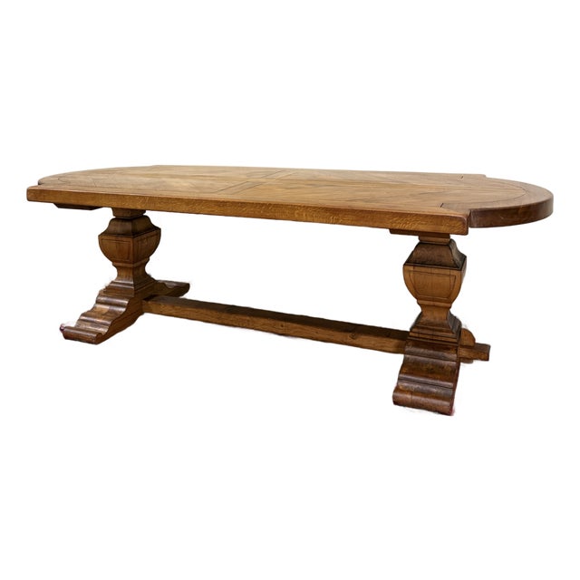 Antique French Country Dining Table Farmhouse Pedestal Trestle Honey Oak 1930s For Sale