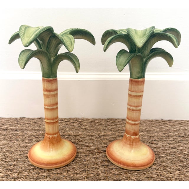 Green Vintage Pr Italian Hand Painted Palm Tree Candleholders For Sale - Image 8 of 11