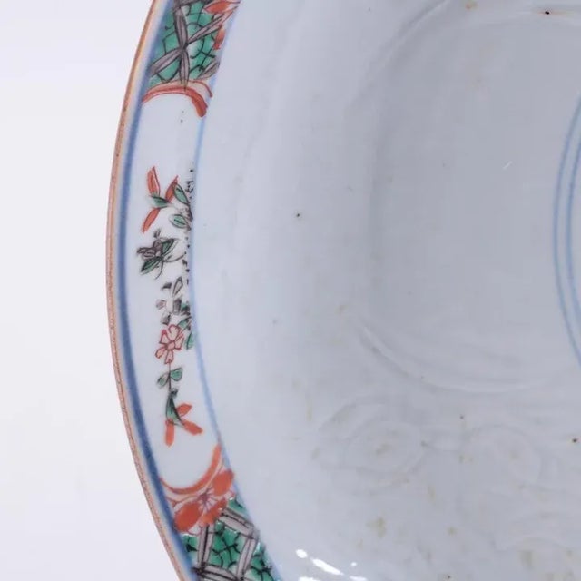 Large pair antique Chinese Kangxi period porcelain famille vert low bowls or charger plates with incised decoration....