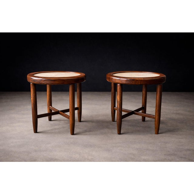 Beige Found Collectibles Maracanã-Inspired Side Tables in Reclaimed Brazilian Rosewood and Honed Travertine For Sale - Image 8 of 15