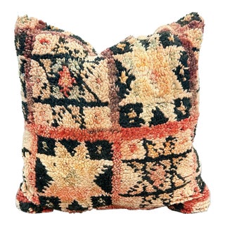 Vintage Moroccan Boujad Rug Pillow Cover 24x24, Handmade Berber Wool Cushion, Coral Pink Peach Black, Boho Tribal Throw Pillow For Sale