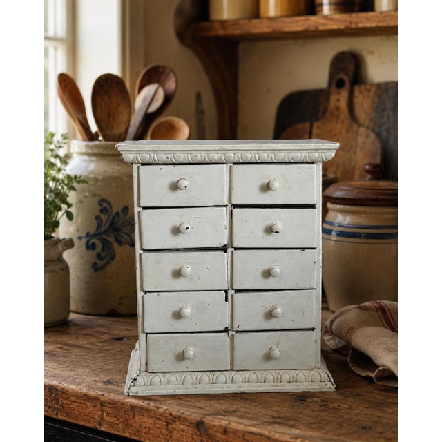 Antique C. 1900 Painted Spice Cabinet With 10 Metal-Lined Lidded Drawers For Sale - Image 12 of 12