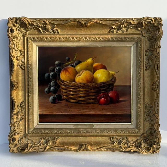 Still Life with Fruit in Basket - Vintage Oil in Ornate Frame by British Artist Art measures 12 x 10 inches Frame measures...