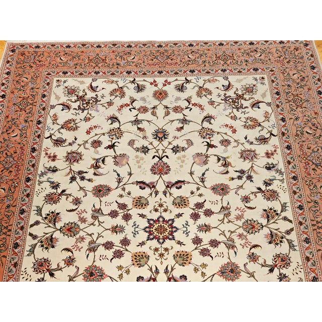 Vintage Persian Tabriz Rug, Hand-Knotted Wool & Silk, Allover Floral Pattern, Ivory & Pale Red, 7x10 For Sale - Image 17 of 18
