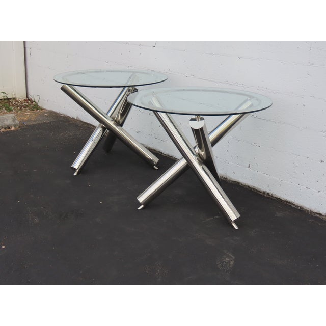 Mid-Century Modern Milo Baughman Style Chrome Glass Top Jax Tables a Pair 6571 For Sale - Image 3 of 18