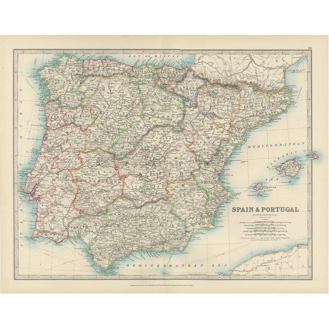 Antique Map of Spain and Portugal Regional Boundaries and Coastal Detail, 1903 For Sale