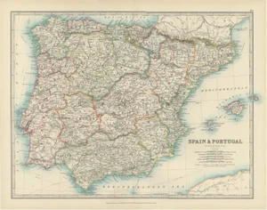 Antique Map of Spain and Portugal Regional Boundaries and Coastal Detail, 1903
