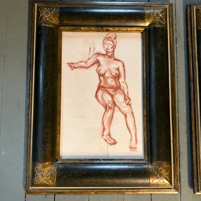 2 original sepia drawings on paper unsigned Studies 9 x 14 overall size with frame is 16 x 20