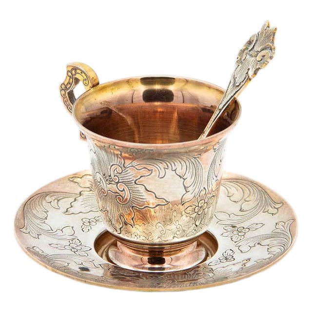 Teacup with Saucer and Spoon in Gilded Silver with Engraved Plant Motifs, Set of 3 For Sale