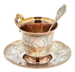 Teacup with Saucer and Spoon in Gilded Silver with Engraved Plant Motifs, Set of 3