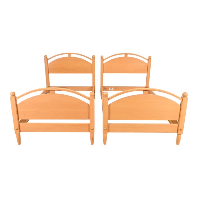Ethan Allen Modern Carved Solid Maple Twin Size Beds, Pair For Sale