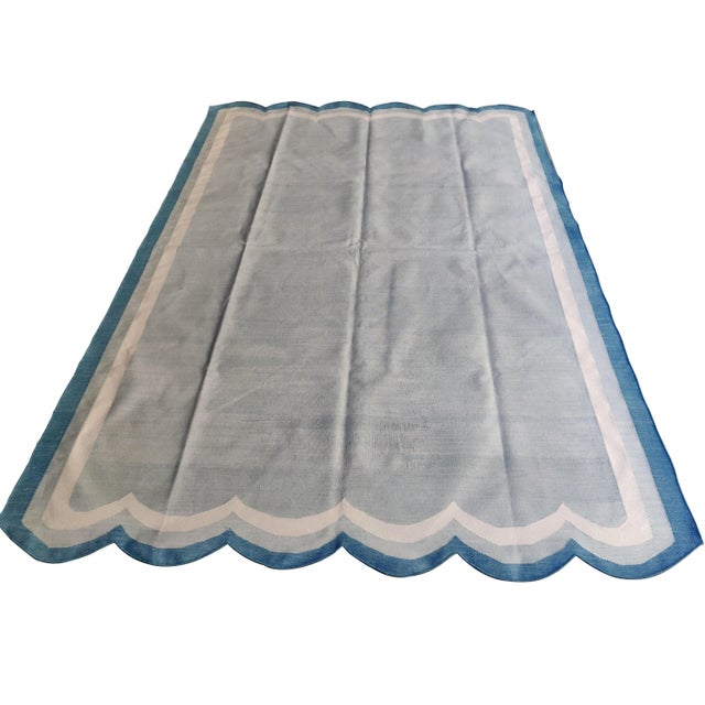 Casa Cosima Handmade Cotton Scalloped Rug, Grey with Cream and Blue Border 8'x10' For Sale - Image 4 of 8