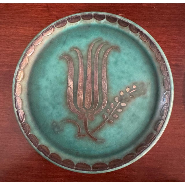 Mid 20th Century Mid 20th Century Swedish Gustavsberg Argenta Art Pottery Coasters, Set of 5, Turquoise Glazed With Silver Floral Motifs For Sale - Image 5 of 8