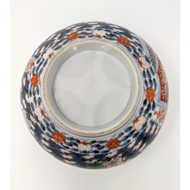Ceramic Antique Japanese or Chinese Large Hand Painted Imari Porcelain Bowl Blue White Red For Sale - Image 7 of 10