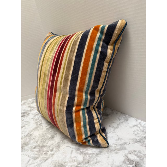 Lush colorful velvet striped vintage accent pillow with zipper cover and fluffy inner cushion. Machine Washable.