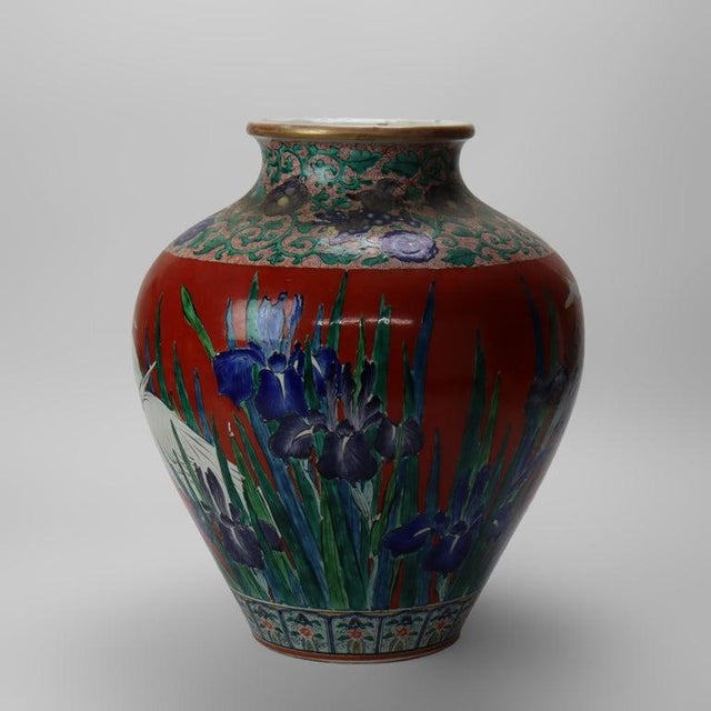 Japanese Antique Japanese Meiji Aesthetic Figural & Floral Pottery Vase With Heron C1900 For Sale - Image 3 of 11