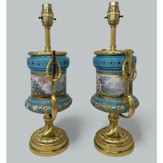 Manufacture de Sevres Late 19th Century Pair Antique French Sèvres Porcelain Ormolu Celeste Blue Jewell Table Urns Lamps For Sale - Image 4 of 11