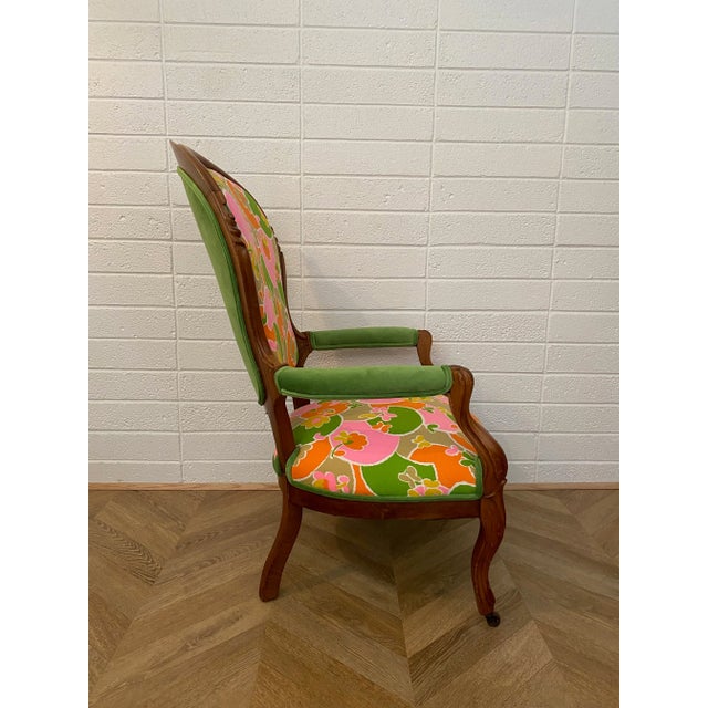 Early 1900s Victorian Wooden Armchair Upholstered in Vintage Colorful Groovy Print Fabric and Green Velvet For Sale In New York - Image 6 of 12