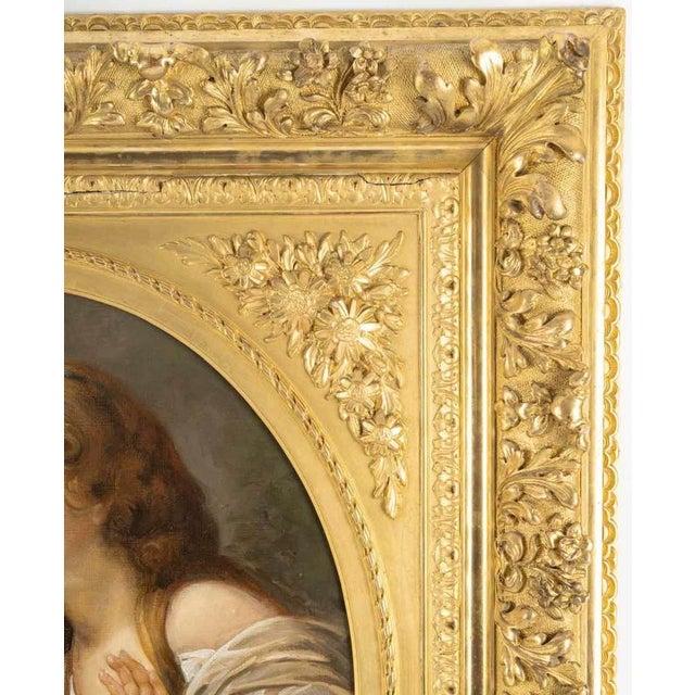 Gold Young Girl with Her Bird, 19th Century, Oil on Canvas For Sale - Image 8 of 10