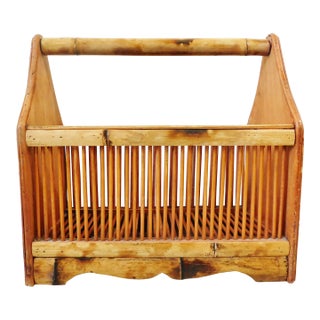 Vintage Mid Century Natural Tiger Bamboo Rattan & Wicker Wood Canterbury Magazine Rack For Sale