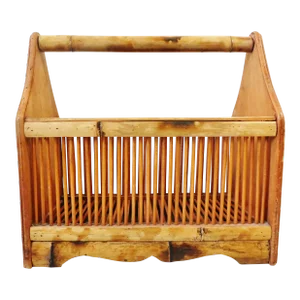 Vintage Mid Century Natural Tiger Bamboo Rattan & Wicker Wood Canterbury Magazine Rack