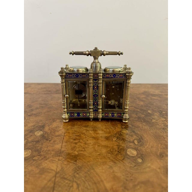 1900 - 1909 Edwardian Brass and Enamel Carriage Clock and Barometer, 1900s For Sale - Image 5 of 9