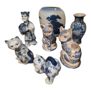 Blue and White Asian Porcelain Collection Seven Pieces For Sale