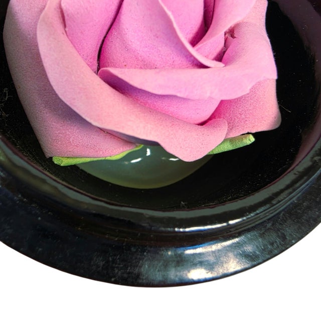 Vintage Japanese Lacquerware Round Trinket Box With Porcelain Rose Accent For Sale - Image 13 of 17