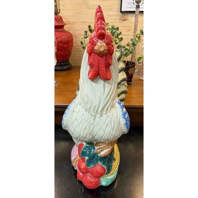 Mid 20th Century Large Vintage Majolica Style Ceramic Rooster Figurine For Sale - Image 5 of 8