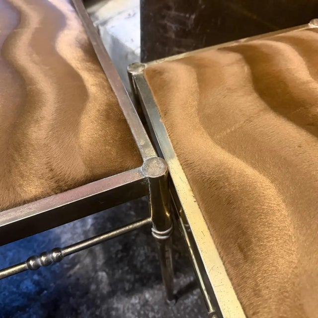 Metal Two 1950s Mid-Century Modern Brass and Brown Velvet Rectangular Italian Stools For Sale - Image 7 of 16