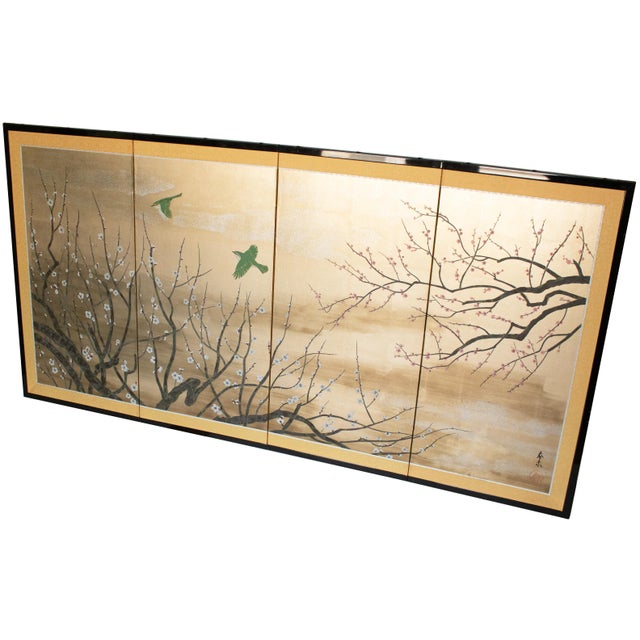 Japanese "Sakura and Mejiro Birds", 1970s Showa Era Japanese Byobu Screen For Sale - Image 3 of 18