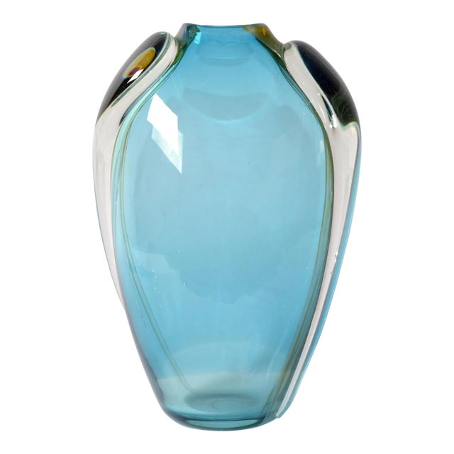 Vitrix Studio Blown Light Blue & Gold Art Glass Vase Thomas Buechner Op Art 80s For Sale