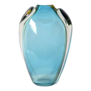 Vitrix Studio Blown Light Blue & Gold Art Glass Vase Thomas Buechner Op Art 80s
