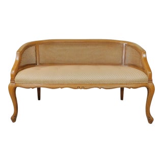 Vintage Mid Century Solid Wood & Cane Tufted Upholstered Bench For Sale