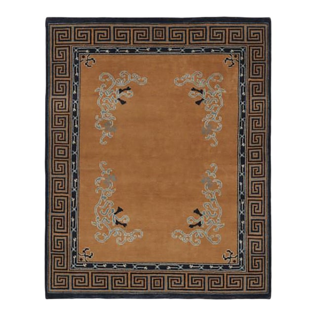 Rug & Kilim’s Chinese Art Deco Inspired Rug, Brown With Greek Key Border For Sale