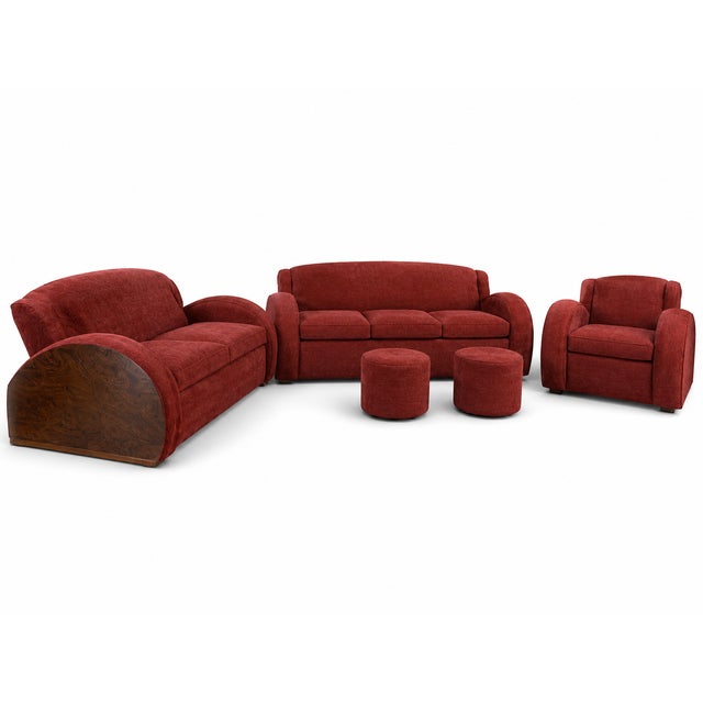 Art Deco French Living Room Set Red Chenille For Sale - Image 4 of 7