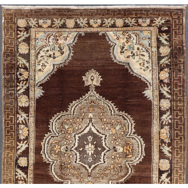 Shabby Chic Mid 20th Century Brown Background Floral Medallion Vintage Turkish Kars Rug in Ivory and Taupe For Sale - Image 3 of 14
