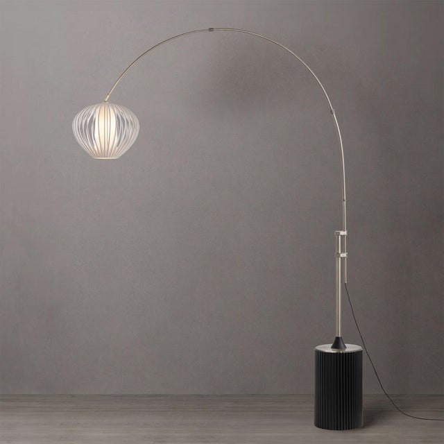 Featuring a sleek Satin Nickel finish, the Tambo Arc Lamp is a contemporary arc lamp with a Sphere White Satin steel shade...