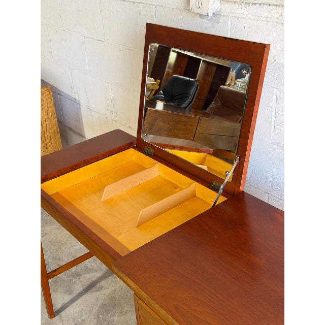 Vintage Teak Vanity With 3 Drawers Flip-Up Mirror and Storage Denmark 1960s For Sale - Image 4 of 11