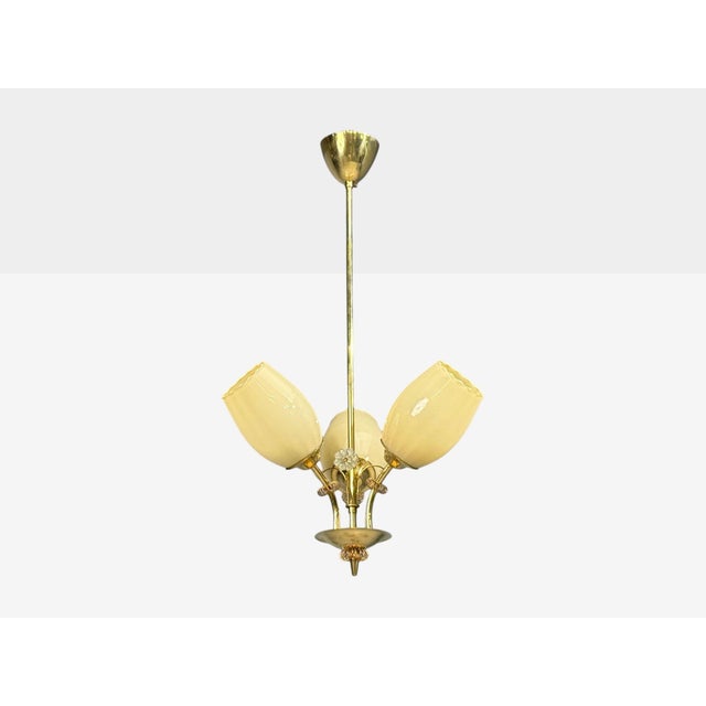 Itsu, Finnish Modern, Snowflake Chandelier, Brass, Glass, Finland, 1950s For Sale - Image 4 of 15