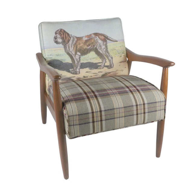 This vintage mid-century modern chair has been reimagined with fabric created from a 1901 lithograph of a Spinone Italiano...