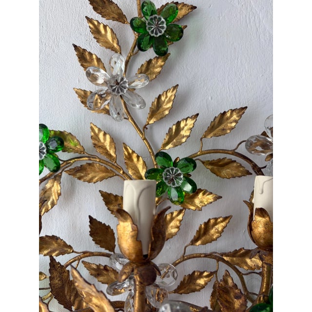 Light Green Maison Baguès Style 3 Lights Green Crystal Flowers Tole Bow Sconces, Circa 1940 For Sale - Image 8 of 13