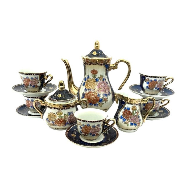 Mid 20th Century Vintage Satsuma Moriage Blue & Gold Floral Tea Set. 15 Piece Set For Sale - Image 5 of 11