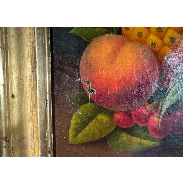 Late 19th Century Primitive Antique Country Gilt Framed Still Life Oil Painting Canvas W Pineapple For Sale - Image 5 of 12